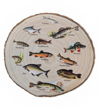 Runde Wanddekoration aus hellem Paulownia-Holz mit echter Rinde. Die Holzscheibe zeigt einen kreisförmigen, farbigen UV-Druck mit 12 detailreichen Vintage-Illustrationen von heimischen Süßwasserfischen wie Hecht und Forelle aus der Zeit um 1900. In der Mitte steht der geschwungene Schriftzug "Unsere Fische". Der Druck besitzt ein fühlbares 0,3 mm Relief.