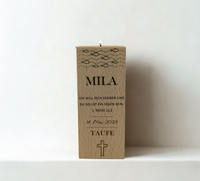 Kerzenhalter aus Holz für Teelicht mit Kreuz, christlichen Fischen & Gravur. Mit Name, Datum & Wunschtext personalisierbar. Geschenk zur Taufe & Kommunion.