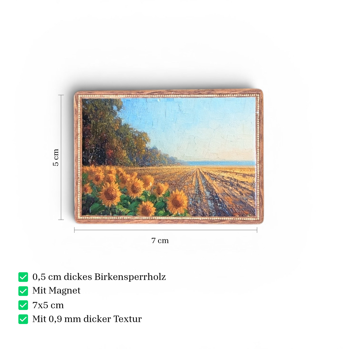 Rechteckiger Holz-Kühlschrankmagnet (7x5 cm) mit einem detailreichen Vintage-Motiv eines blühenden Sonnenblumenfeldes unter blauem Himmel. Das Bild hat einen verzierten Rand und eine fühlbare Struktur.