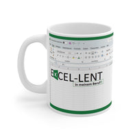 Diese Excel Tasse zeigt ein Excel Arbeitspapier mit dem Spruch Excel-lent in meinem Beruf. 