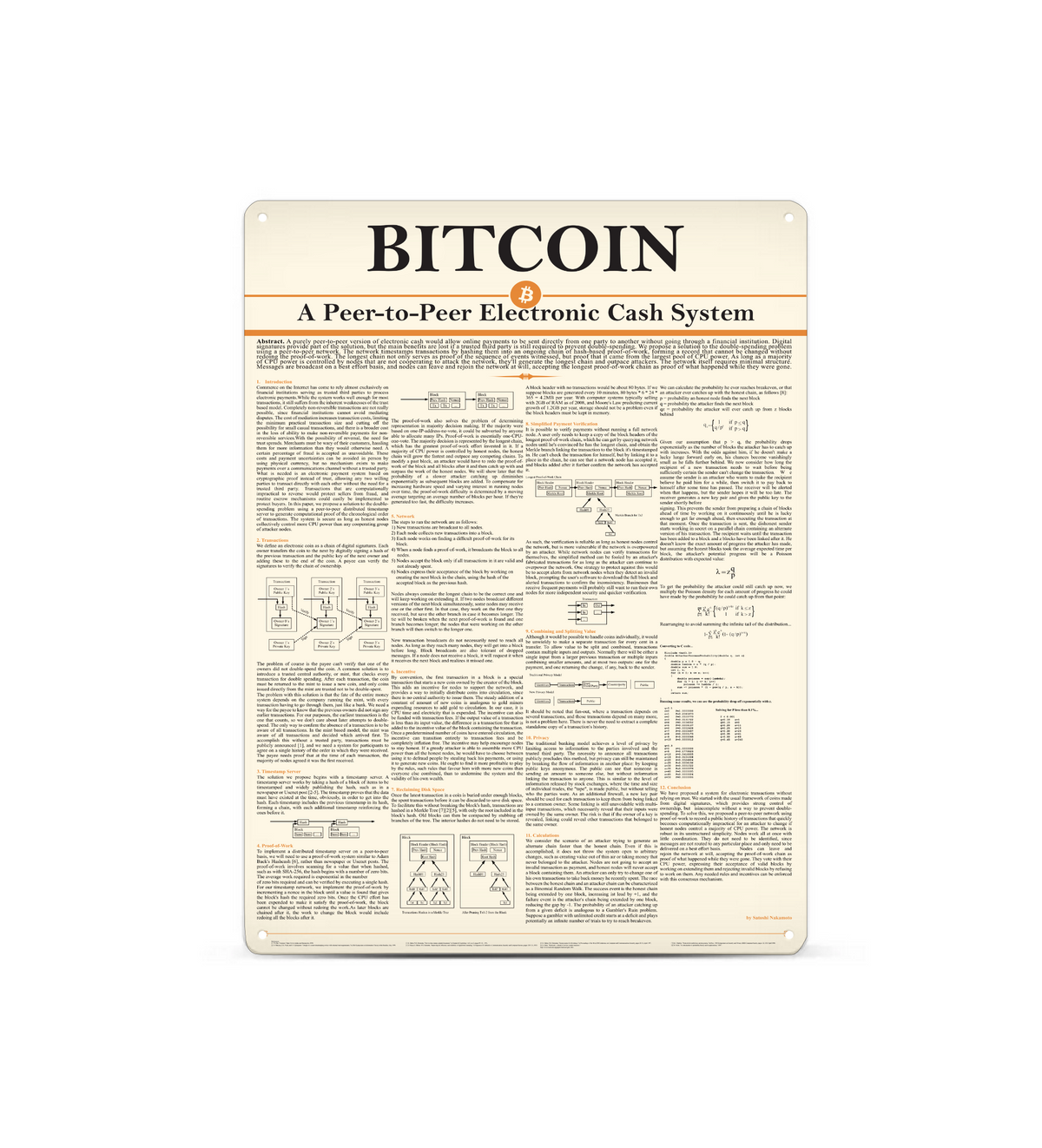 Ein hochformatiges DIN A3 Metallschild lehnt dekorativ an einer hellgrünen Wand auf einem hellen Echtholzfußboden. Zu sehen ist der strukturierte Text des originalen Bitcoin Whitepapers im modernen, minimalistischen Design mit beigen und orangefarbenen Farbelementen.