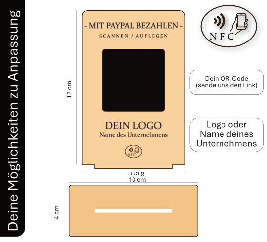 Rustikaler PayPal-Zahlungsaufsteller aus Holz mit graviertem QR-Code und NFC-Logo, der von einer Hand mit einem Smartphone berührt wird.