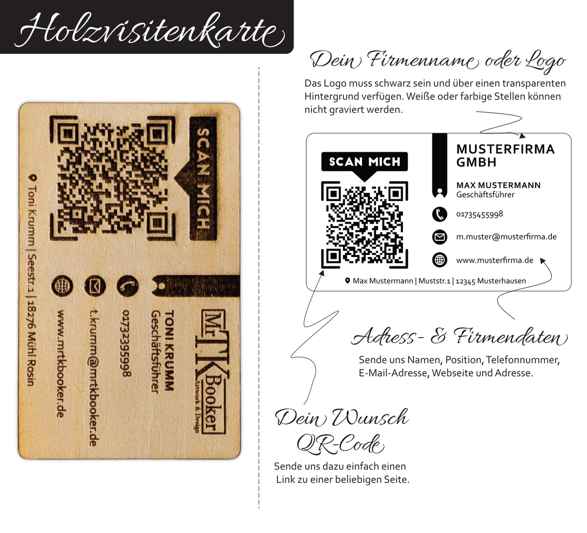 Exklusive Holzvisitenkarte (8,8 x 5,5 cm, 3 mm Stärke) – Eleganz trifft Funktionalität. Auf der linken Seite befindet sich ein individuell anpassbarer QR-Code.