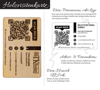 Exklusive Holzvisitenkarte (8,8 x 5,5 cm, 3 mm Stärke) – Eleganz trifft Funktionalität. Auf der linken Seite befindet sich ein individuell anpassbarer QR-Code.