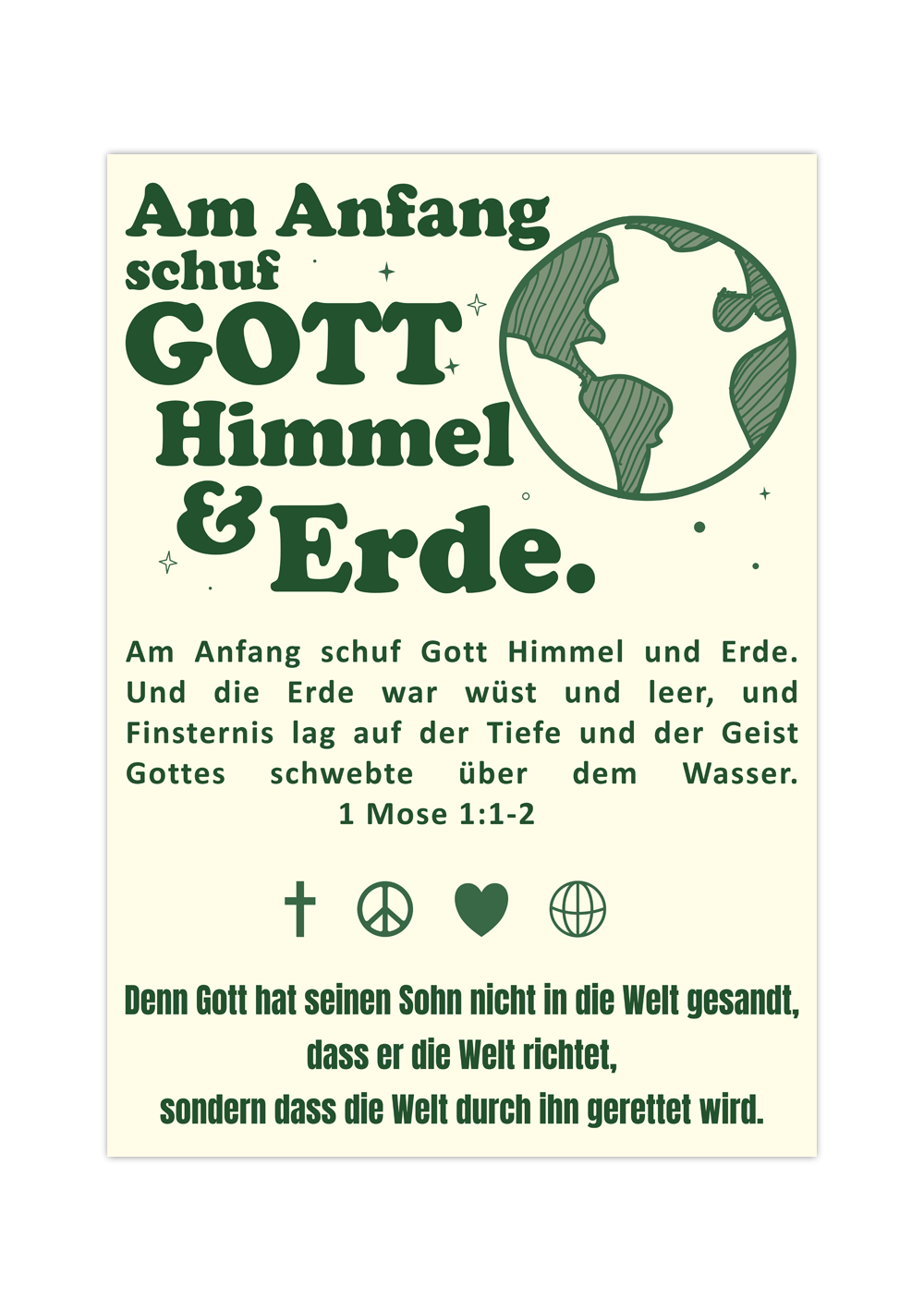 Dieses christliche Poster auf deutsch mit dem zeigt 1 Mose 1:1-2 "Am Anfang schuf Gott Himmel und Erde." 