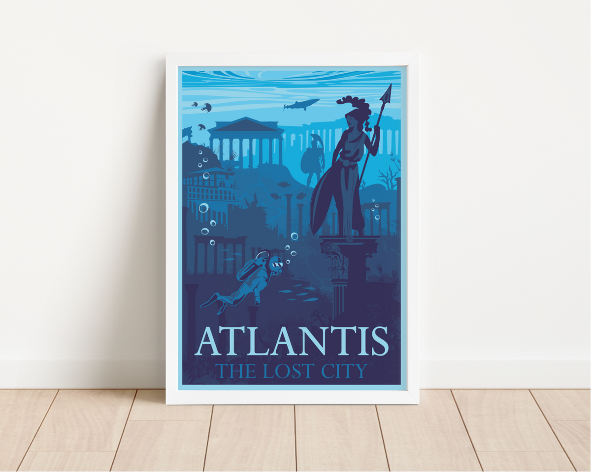 Das maritime Poster zeigt dir die versunkene Stadt Atlantis. In schönem Blau ist diese nautische Deko ideal für jedes maritim gestaltete Zimmer.