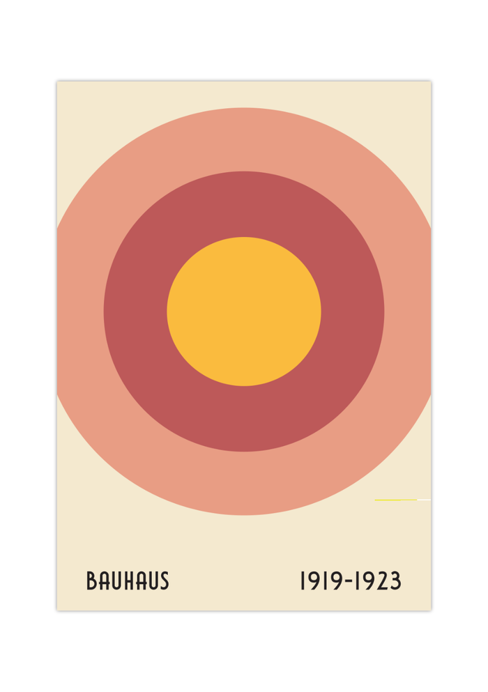 Dieses Bauhaus Poster zeigt dir drei Kreise in unterschiedlichen Farben. Das Poster ist einem Ausstellungsplakat von 1919 nachempfunden, ist so aber nie erschienen.