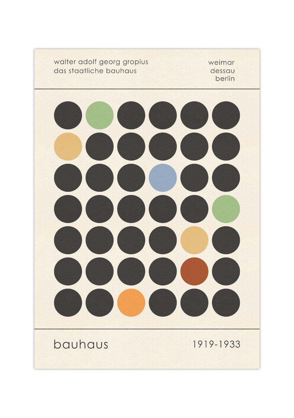 Dieses Bauhaus Poster zeigt dir mehrere Kreise, wovon einige bunt sind.