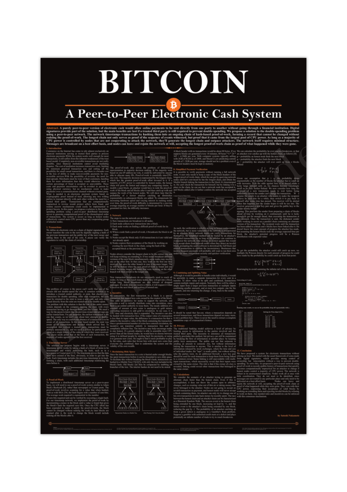 Bitcoin Whitepaper Poster mit dem originalen Whitepaper von Satoshi Nakamoto. Erhältlich in Schwarz oder Weiß.