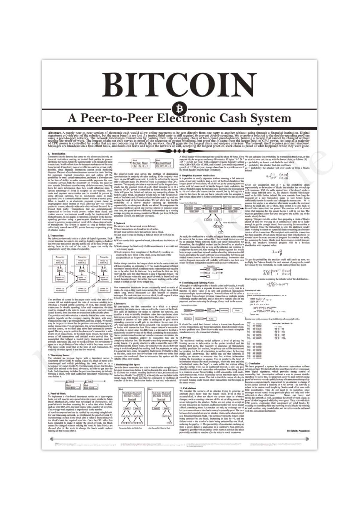 Bitcoin Whitepaper Poster mit dem originalen Whitepaper von Satoshi Nakamoto. Erhältlich in Schwarz oder Weiß.