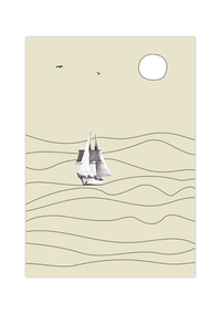 Dieses Poster im vintage Stil zeigt ein in Schwarz und Weiß dargestelltes Schiff, welches auf den Wellen des Meeres reitet. 