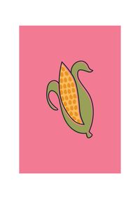 Dieses schöne Küchenposter zeigt einen gemalten Maiskolben auf einem rosa Hintergrund, im minimalistischen Comicstil. 
