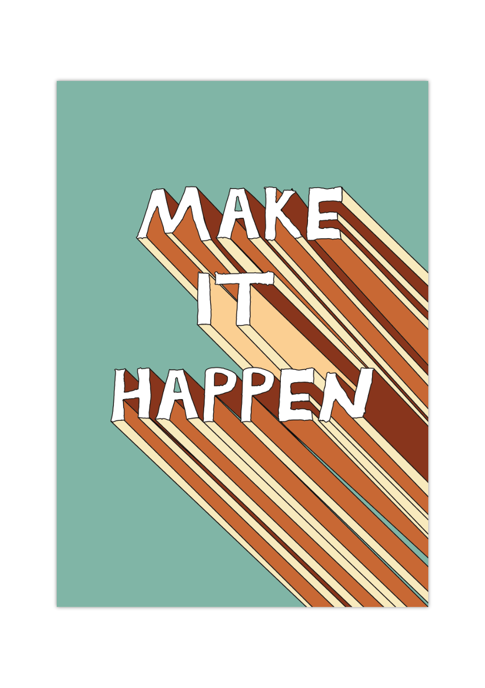 Motivations-Poster mit dem Schriftzug „Make It“ im 3D-Retro-Stil der 70er Jahre, hochwertiger Kunstdruck in Braun und Beige auf strukturiertem Hintergrund.