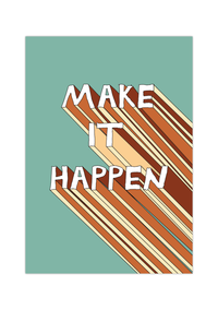 Motivations-Poster mit dem Schriftzug „Make It“ im 3D-Retro-Stil der 70er Jahre, hochwertiger Kunstdruck in Braun und Beige auf strukturiertem Hintergrund.