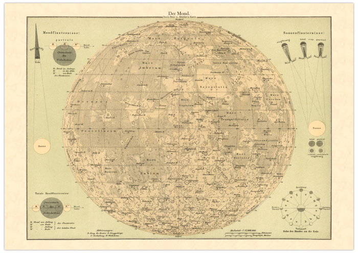 Das Poster vom Mond ist eine Vintage Lithographie aus Meyers Koversations-Lexikon aus dem Jahr 1890.