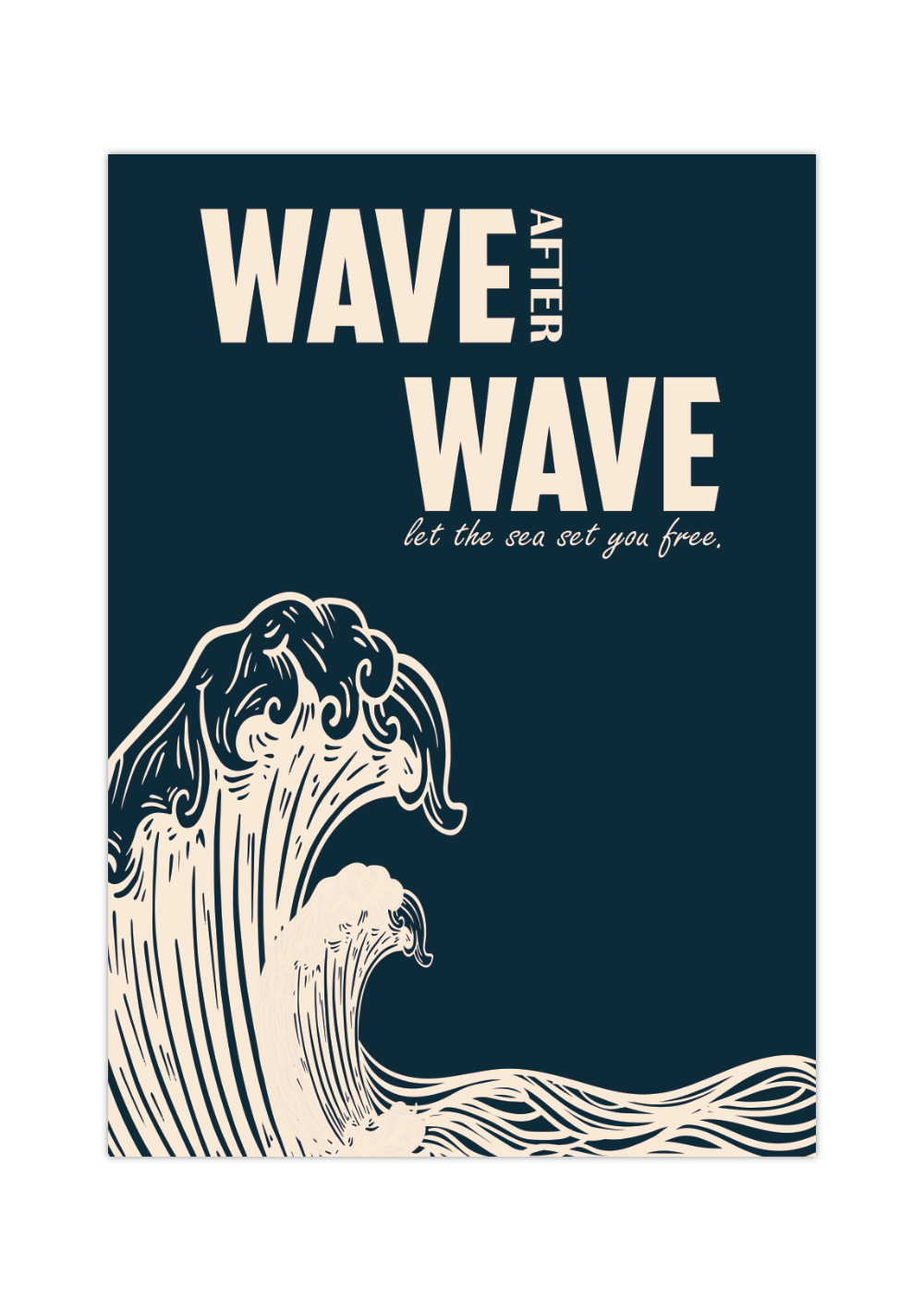 Surf Poster „Wave after Wave - Let the Sea Set You Free“ mit kraftvoller Welle in Beige-Blau oder Blau-Beige.