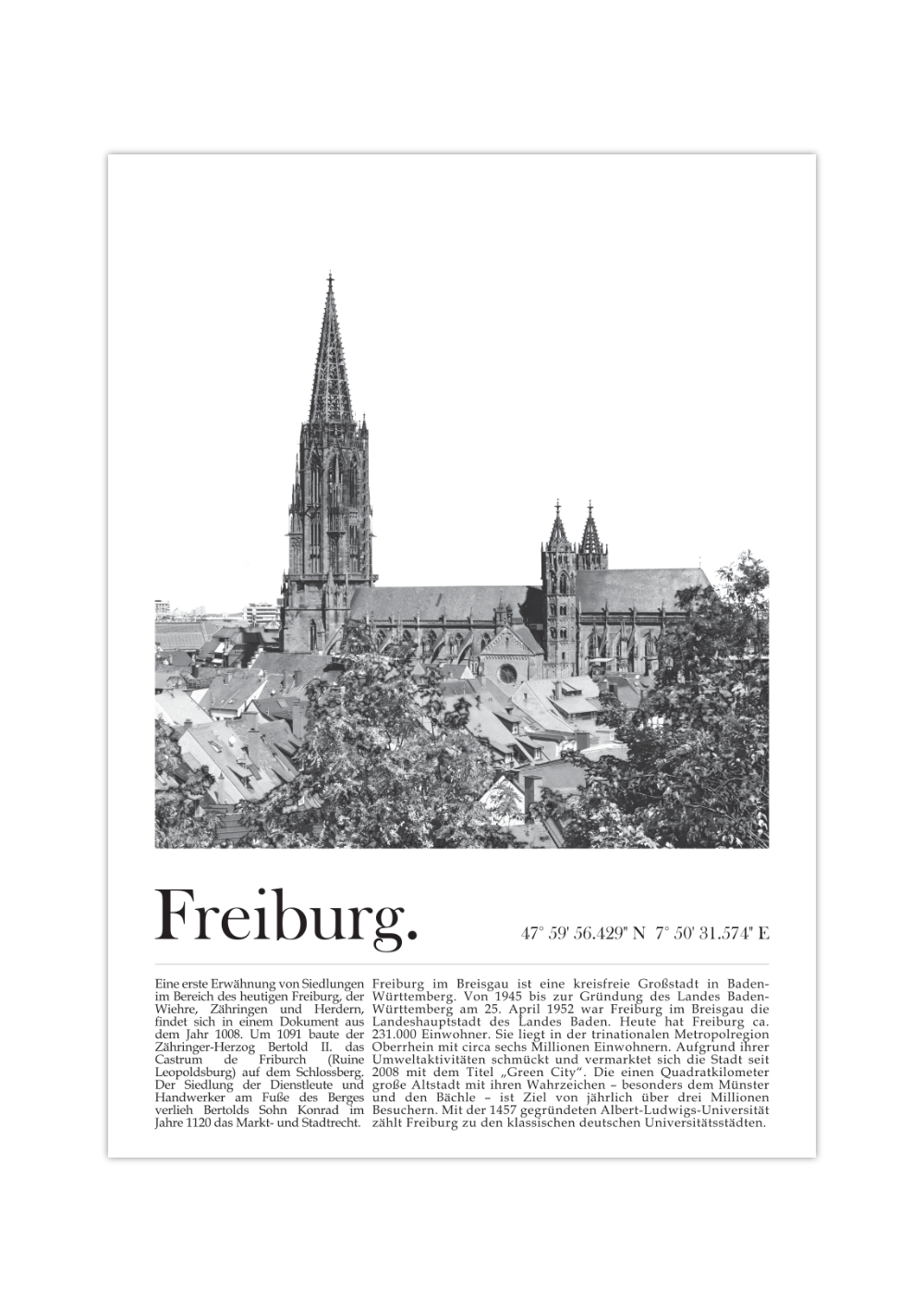 Dieses Poster zeigt dir eine Ansicht von Freiburg im Breisgau mit Blick in die Altstadt und auf den historischen Münster.