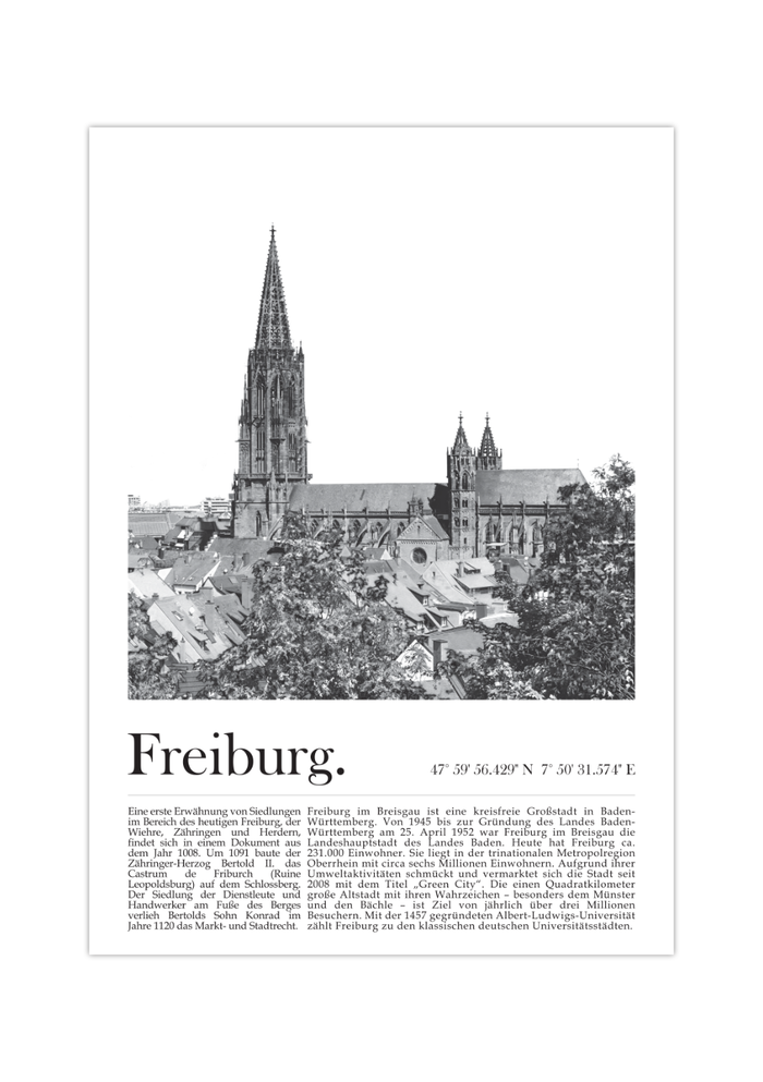 Dieses Poster zeigt dir eine Ansicht von Freiburg im Breisgau mit Blick in die Altstadt und auf den historischen Münster.