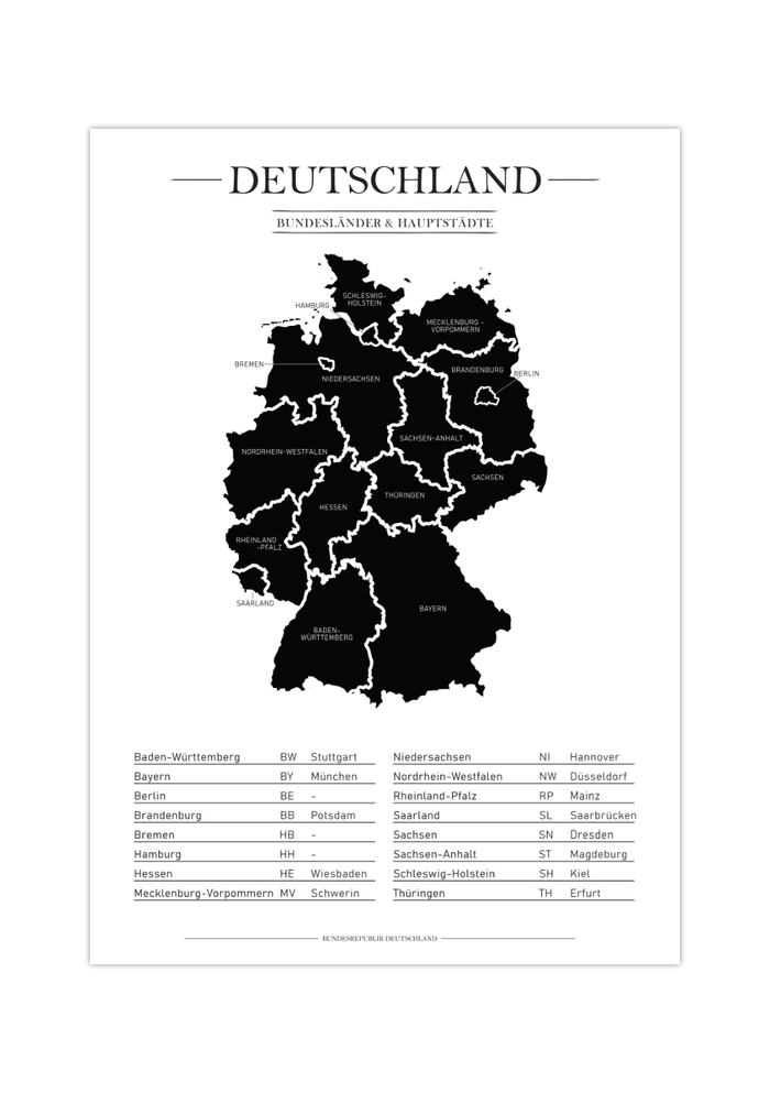 Diese minimalistische Deutschlandkarte zeigt dir alle 16 Bundesländer, inklusive Tabelle mit Hauptstädten und Abkürzungen. 