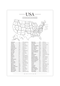 Diese minimalistische Karte der Vereinigten Staaten von Amerika zeigt dir alle 50 Bundesstaaten, inklusive Hauptstädte und Abkürzungen.