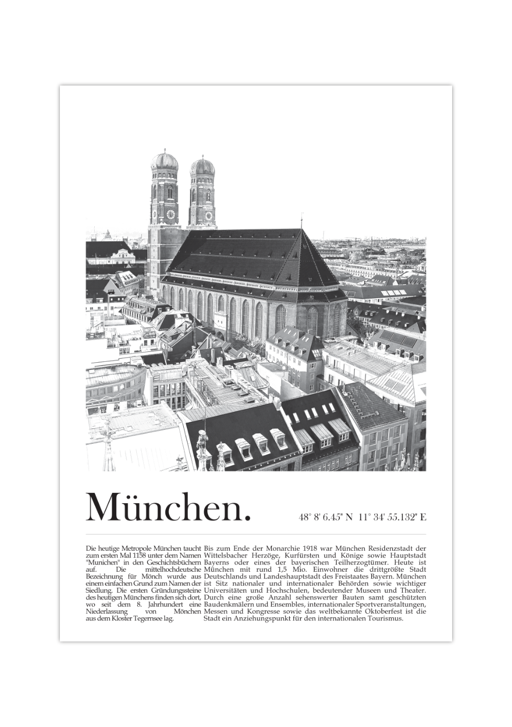 Dieses Poster zeigt dir eine Ansicht von München auf der das städtische Wahrzeichen, die Frauenkirche, zu sehen ist.