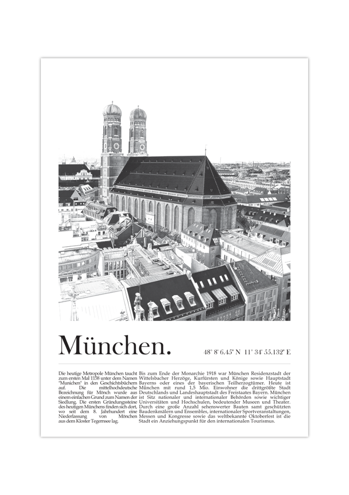 Dieses Poster zeigt dir eine Ansicht von München auf der das städtische Wahrzeichen, die Frauenkirche, zu sehen ist.
