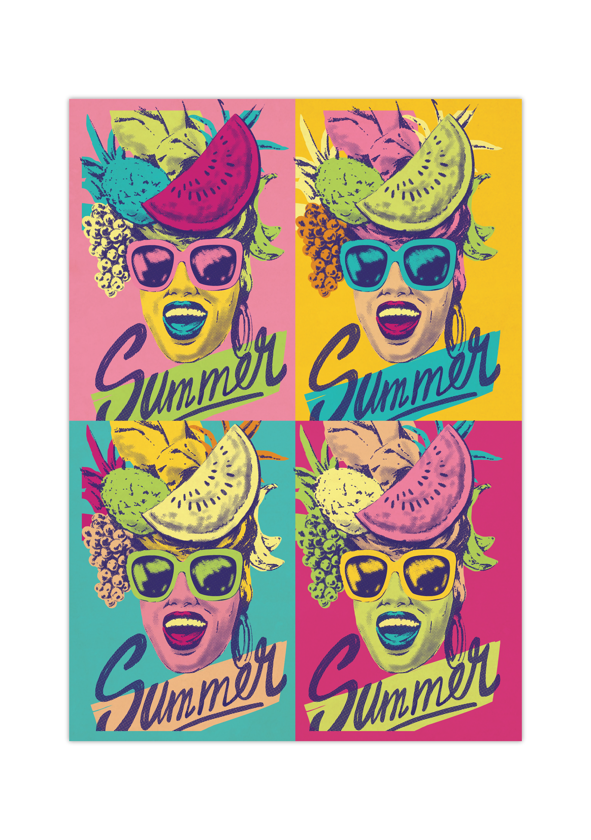Das Pop Art Poster zeigt eine Frau mit Obsthut und der Bildunterschrift Summer. 