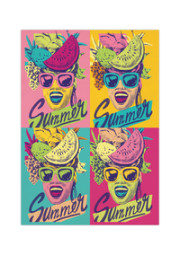 Das Pop Art Poster zeigt eine Frau mit Obsthut und der Bildunterschrift Summer. 