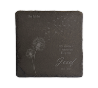 Schwarze Schieferplatte (15x15 cm) mit Pusteblume, Spruch "Du fehlst" & personalisierbarer Gravur (Spruch, Name, Geburts-/Sterbejahr). Einzigartiges, würdevolles Andenken für Trost und Erinnerung.