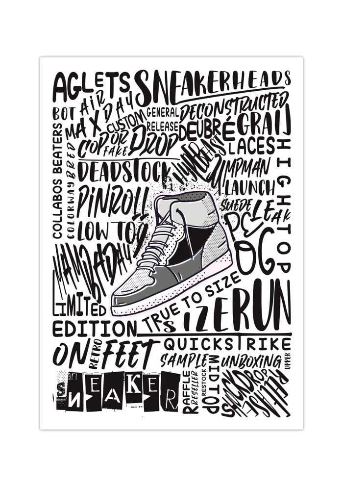 Das Poster zeigt dir einen Sneaker und um diesen ein Lexikon von Wörter, die in Verbindung mit Sneakern stehen. 