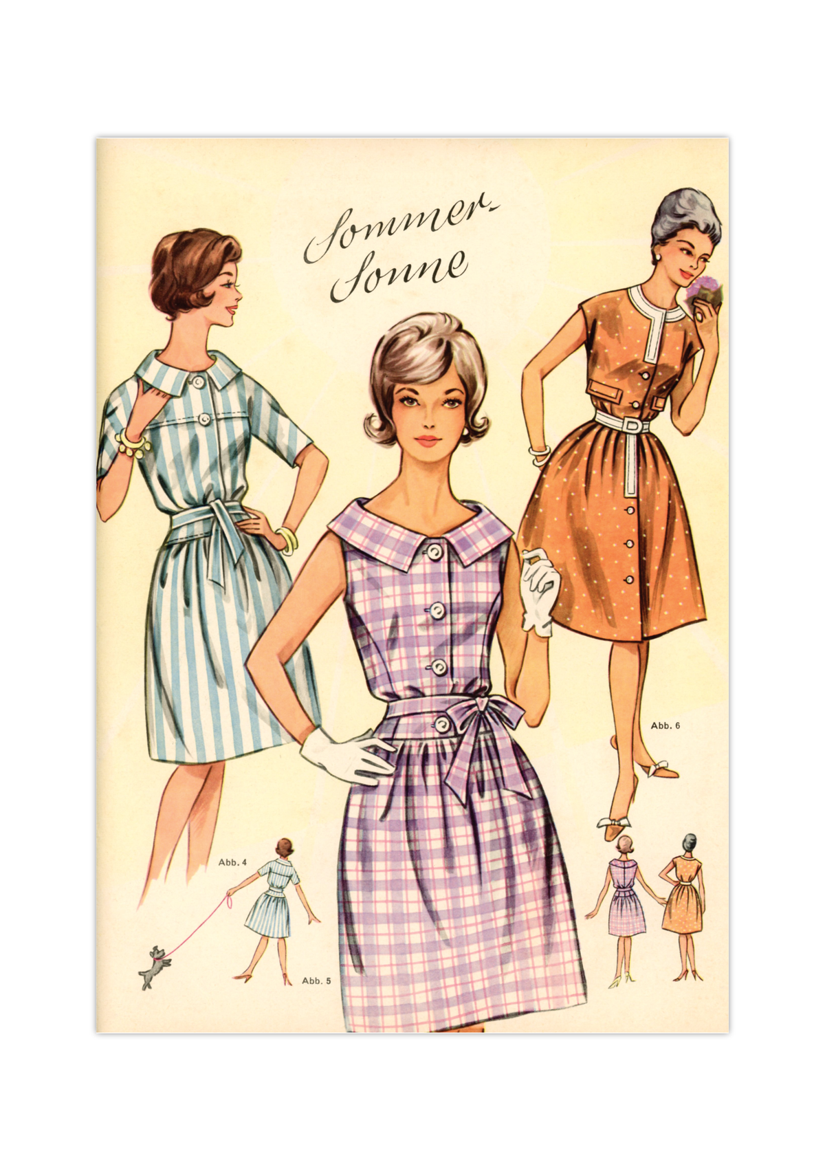 Vintage Mode-Illustration aus einem DDR-Magazin der 1960er Jahre. Handgemalte, elegante Damen- oder Kindermode in nostalgischem Stil auf weißem Hintergrund, hochwertiger Kunstdruck.