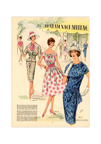Vintage Mode-Illustration aus einem DDR-Magazin der 1960er Jahre. Handgemalte, elegante Damen- oder Kindermode in nostalgischem Stil auf weißem Hintergrund, hochwertiger Kunstdruck.