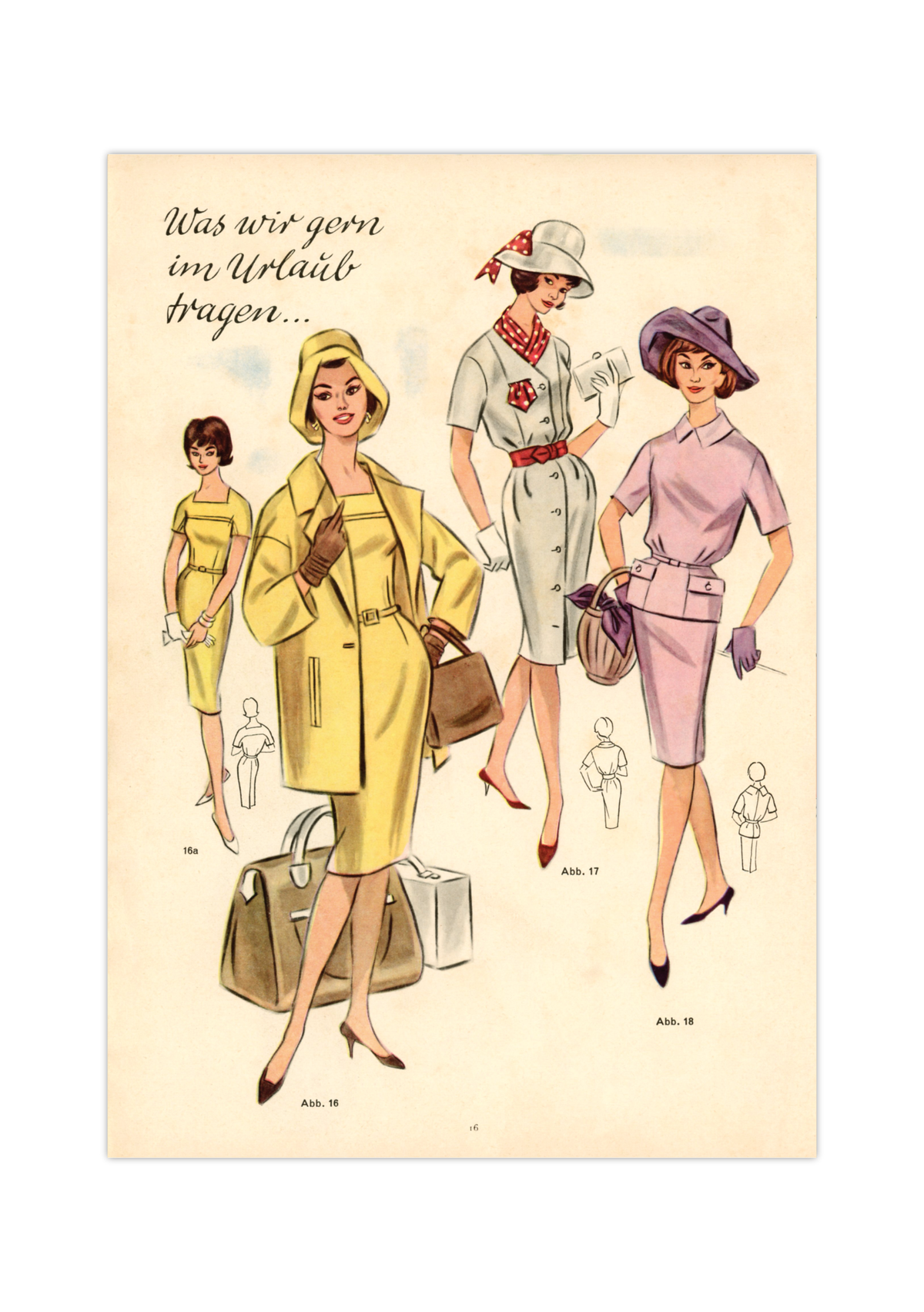 Vintage Mode-Illustration aus einem DDR-Magazin der 1960er Jahre. Handgemalte, elegante Damen- oder Kindermode in nostalgischem Stil auf weißem Hintergrund, hochwertiger Kunstdruck.