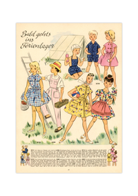 Vintage Mode-Illustration aus einem DDR-Magazin der 1960er Jahre. Handgemalte, elegante Damen- oder Kindermode in nostalgischem Stil auf weißem Hintergrund, hochwertiger Kunstdruck.