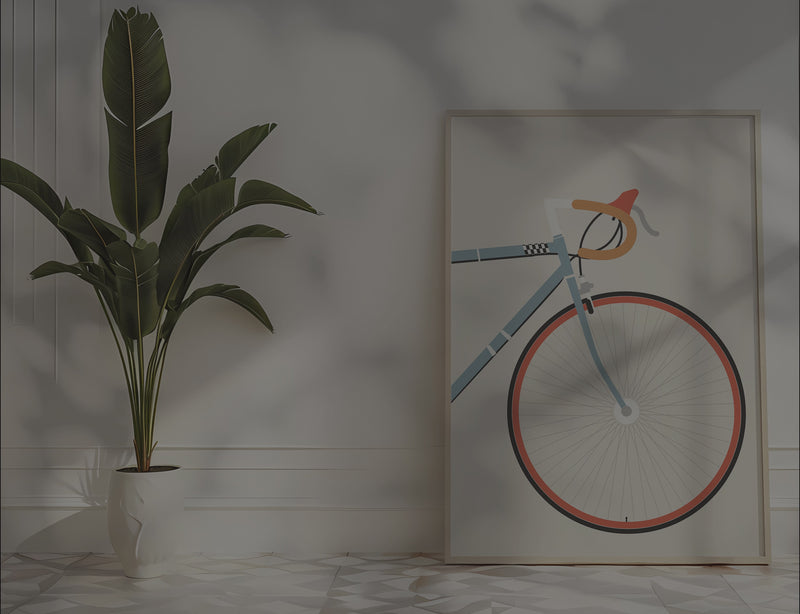 Minimalistisches Rennrad-Poster mit Vorderrad-Ansicht.