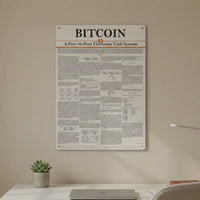 Ein hochformatiges DIN A3 Metallschild lehnt dekorativ an einer hellgrünen Wand auf einem hellen Echtholzfußboden. Zu sehen ist der strukturierte Text des originalen Bitcoin Whitepapers im modernen, minimalistischen Design mit beigen und orangefarbenen Farbelementen.