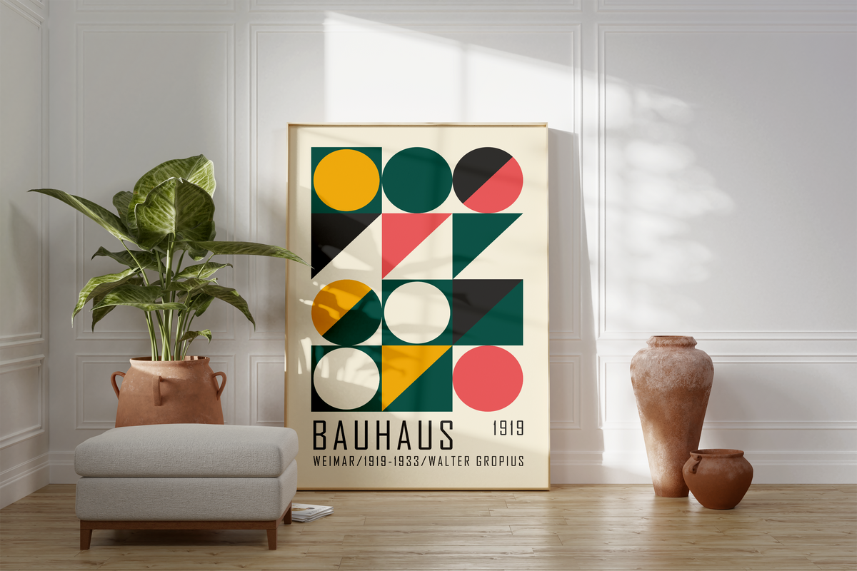 Dieses Bauhaus Poster zeigt dir Vierecke, Rechtecke und Kreise in Blau. 