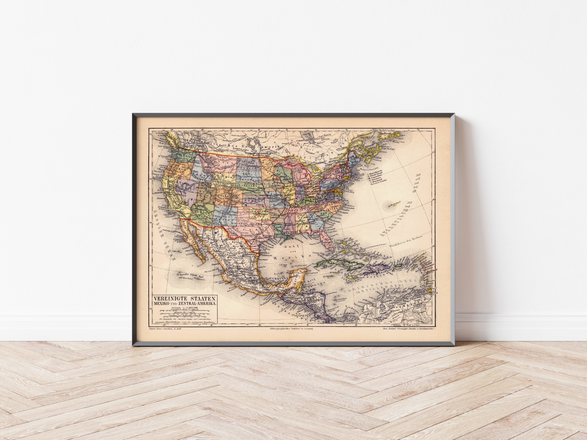 Das Poster einer Karte zur USA, Mexiko und Zentralamerika ist eine Vintage Lithographie aus Meyers Koversations-Lexikon aus dem Jahr 1890.