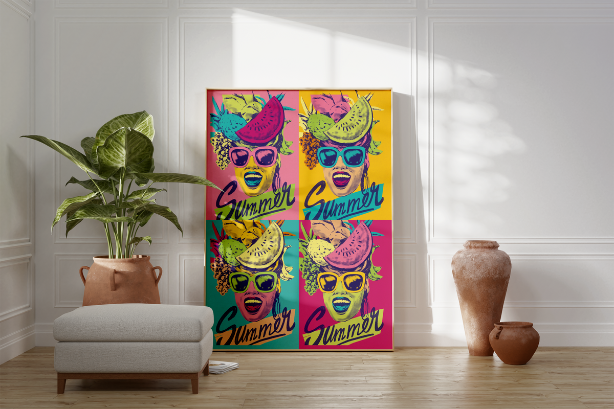 Das Pop Art Poster zeigt eine Frau mit Obsthut und der Bildunterschrift Summer. 