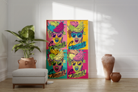 Das Pop Art Poster zeigt eine Frau mit Obsthut und der Bildunterschrift Summer. 