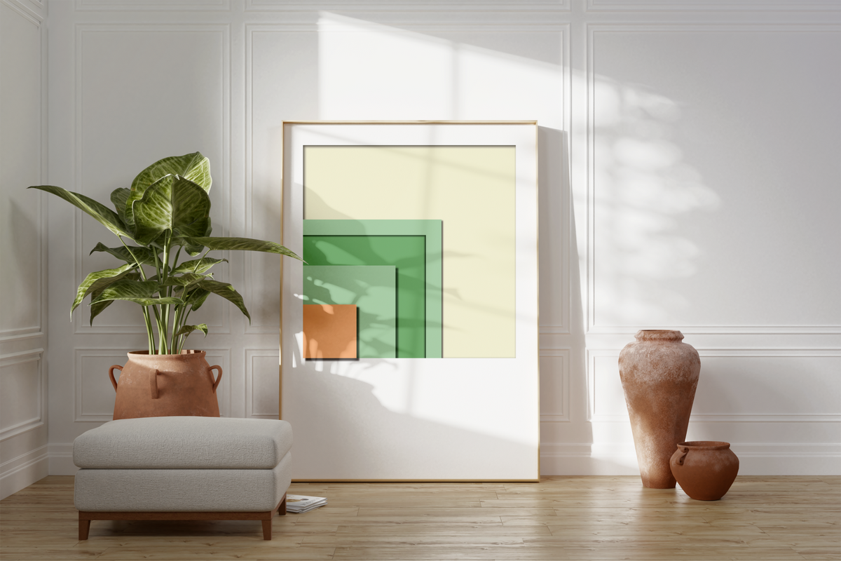Dieses Poster zeigt dir eine moderne, minimalistische, geometrische Darstellung von bunten Quadraten in verschiedenen Grüntönen, Orange und Beige.