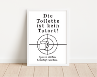 Dieses witzige Badezimmer Poster mit dem Spruch "Die Toilette ist kein Tatort - Spuren dürfen beseitigt werden" im Tatort Zeichen und mit Klopapier in der Mitte ist die ideale Wanddeko für dein Klo.
