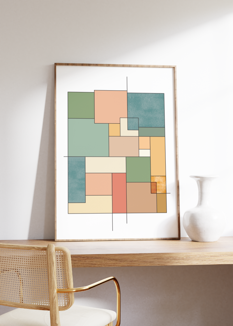 Das minimalistische Poster zeigt verschiedene Rechtecke in Vintagefarben. Diese geometrische Kunst in schönen Farben passt ideal in jeden Raum.