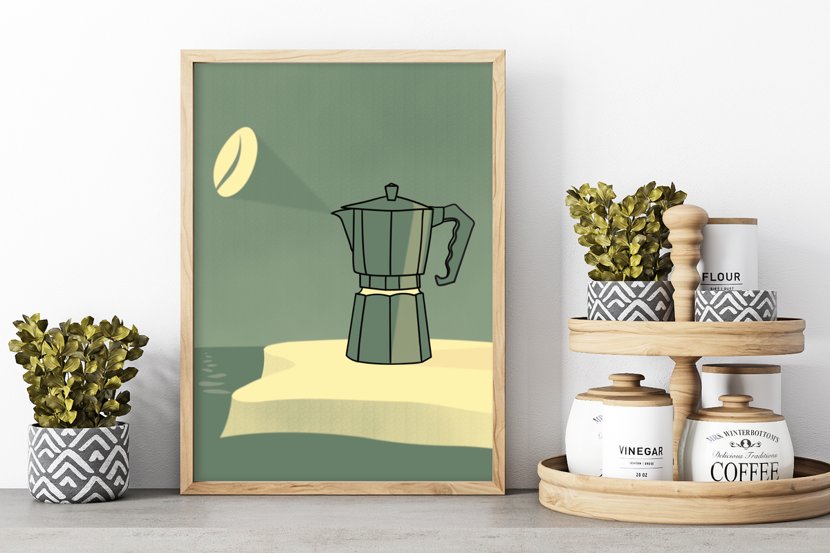 Dieses schöne Poster zeigt eine Espressokocher dargestellt als Leuchtturm auf einer Küste, inklusive Kaffeebohne als Licht am Himmel. 