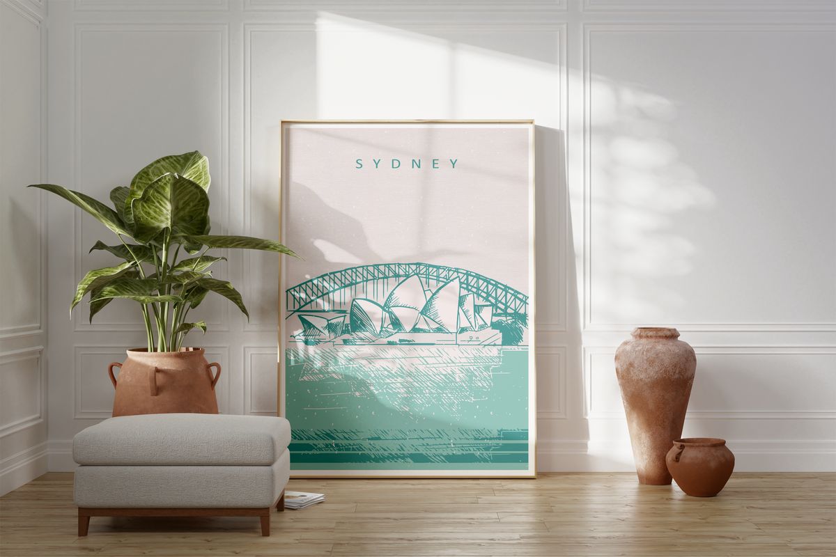 Das Poster zeigt dir eine gezeichnete Darstellung des Opernhauses in Sydney, Australien. 