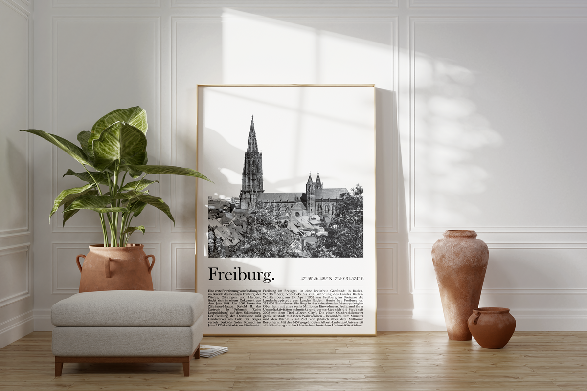 Dieses Poster zeigt dir eine Ansicht von Freiburg im Breisgau mit Blick in die Altstadt und auf den historischen Münster.