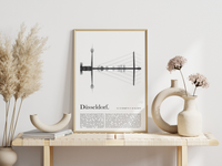 Das Düsseldorf Poster zeigt den Rheinturm, im Vordergrund die Theodor Heuss Brücke und das Rheinufer.