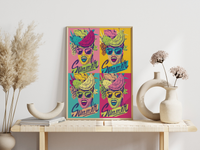 Das Pop Art Poster zeigt eine Frau mit Obsthut und der Bildunterschrift Summer. 