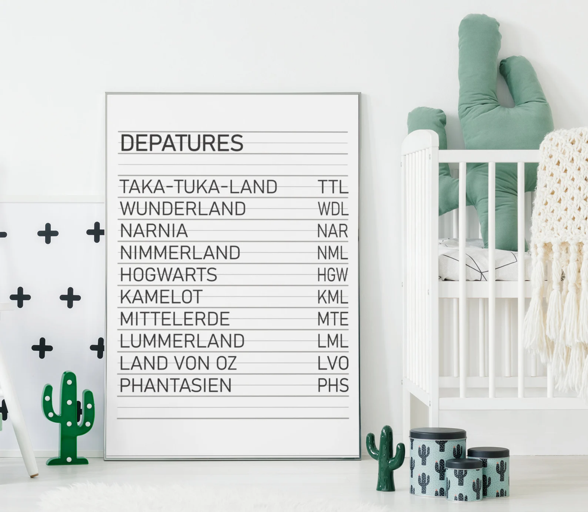 Tolles Poster für das Kinderzimmer. Dieses Bild zeigt ein Abflugschild mit Namen von Fantasiewelten.