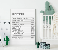 Tolles Poster für das Kinderzimmer. Dieses Bild zeigt ein Abflugschild mit Namen von Fantasiewelten.